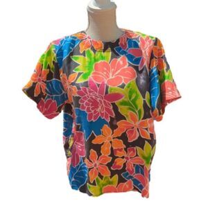 Jack Mulqueen Vintage Women's Silk Round Neck Floral Pullover Blouse Size Medium